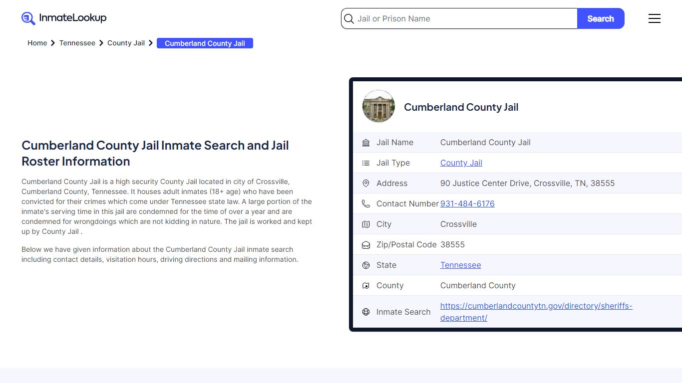 Cumberland County Jail Inmate Search - Crossville Tennessee - Inmate Lookup