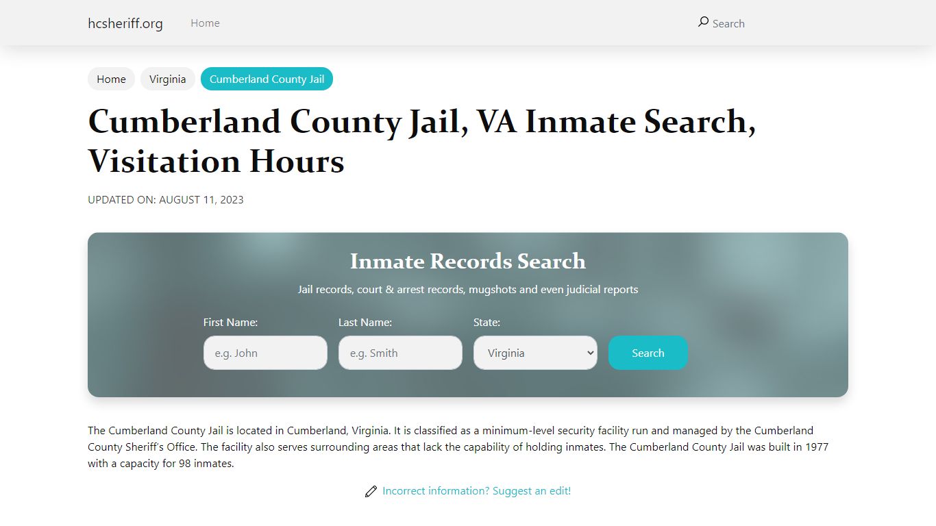 Cumberland County Jail, VA Inmate Search, Visitation Hours