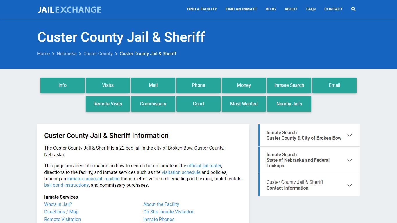 Custer County Jail & Sheriff, NE Inmate Search, Information