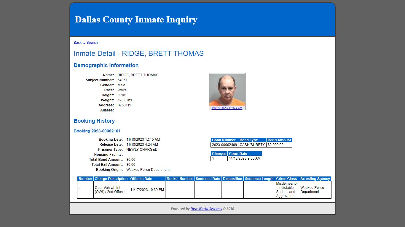 Inmate Detail - RIDGE, BRETT THOMAS
