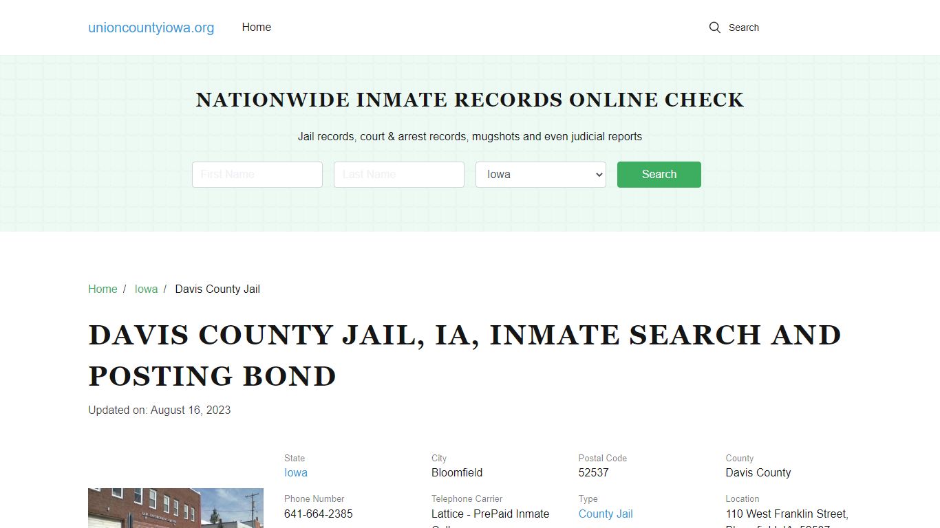 Davis County Jail, IA, Inmate Search, Visitations - Union County, Iowa