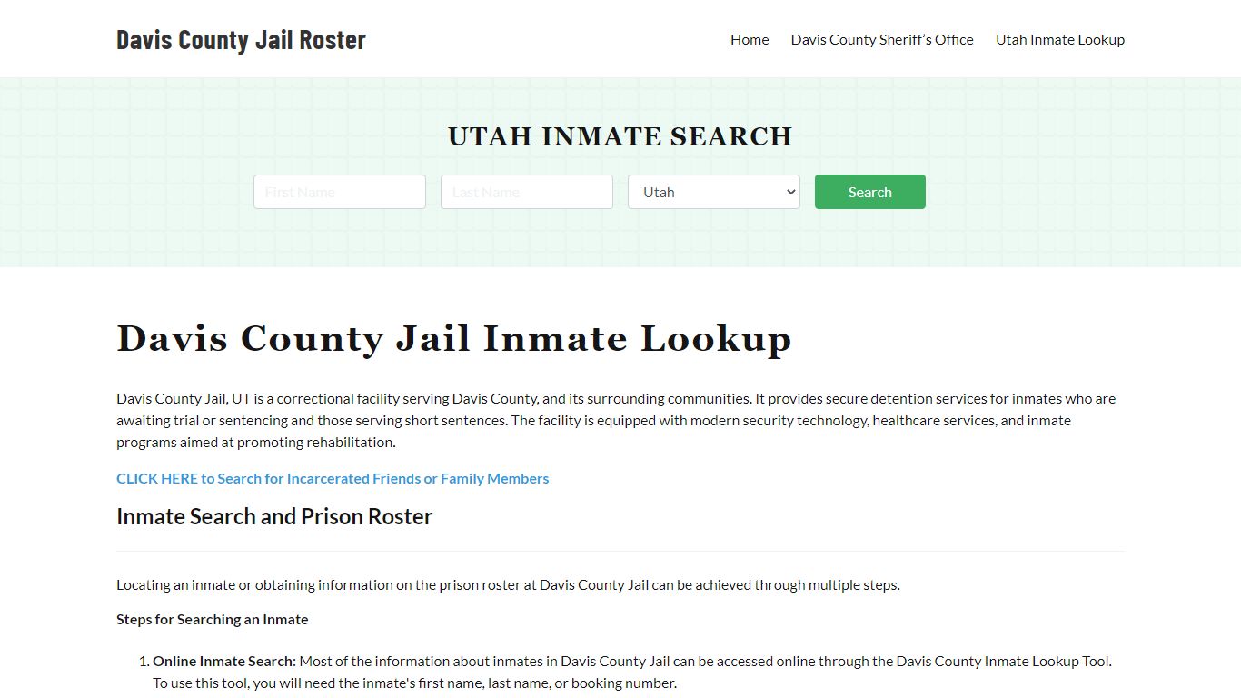 Davis County Jail Roster Lookup, UT, Inmate Search