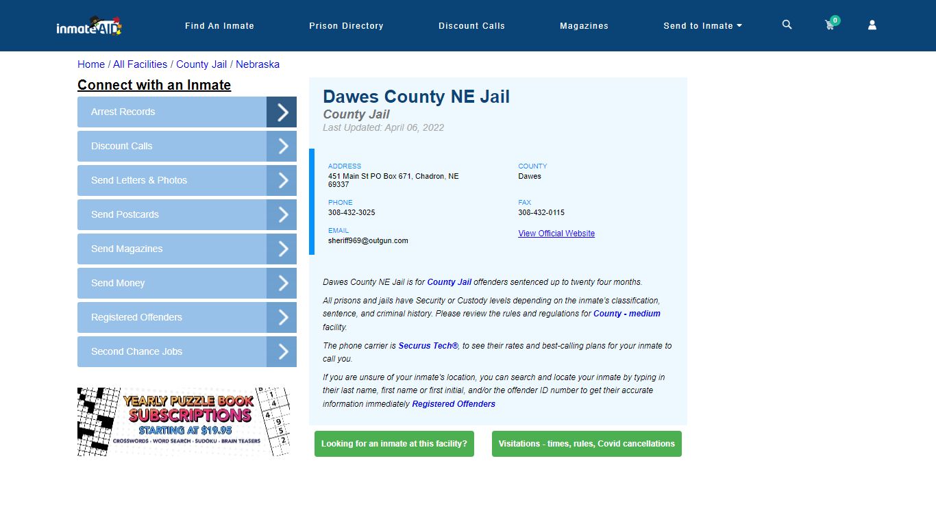 Dawes County NE Jail - Inmate Locator - Chadron, NE