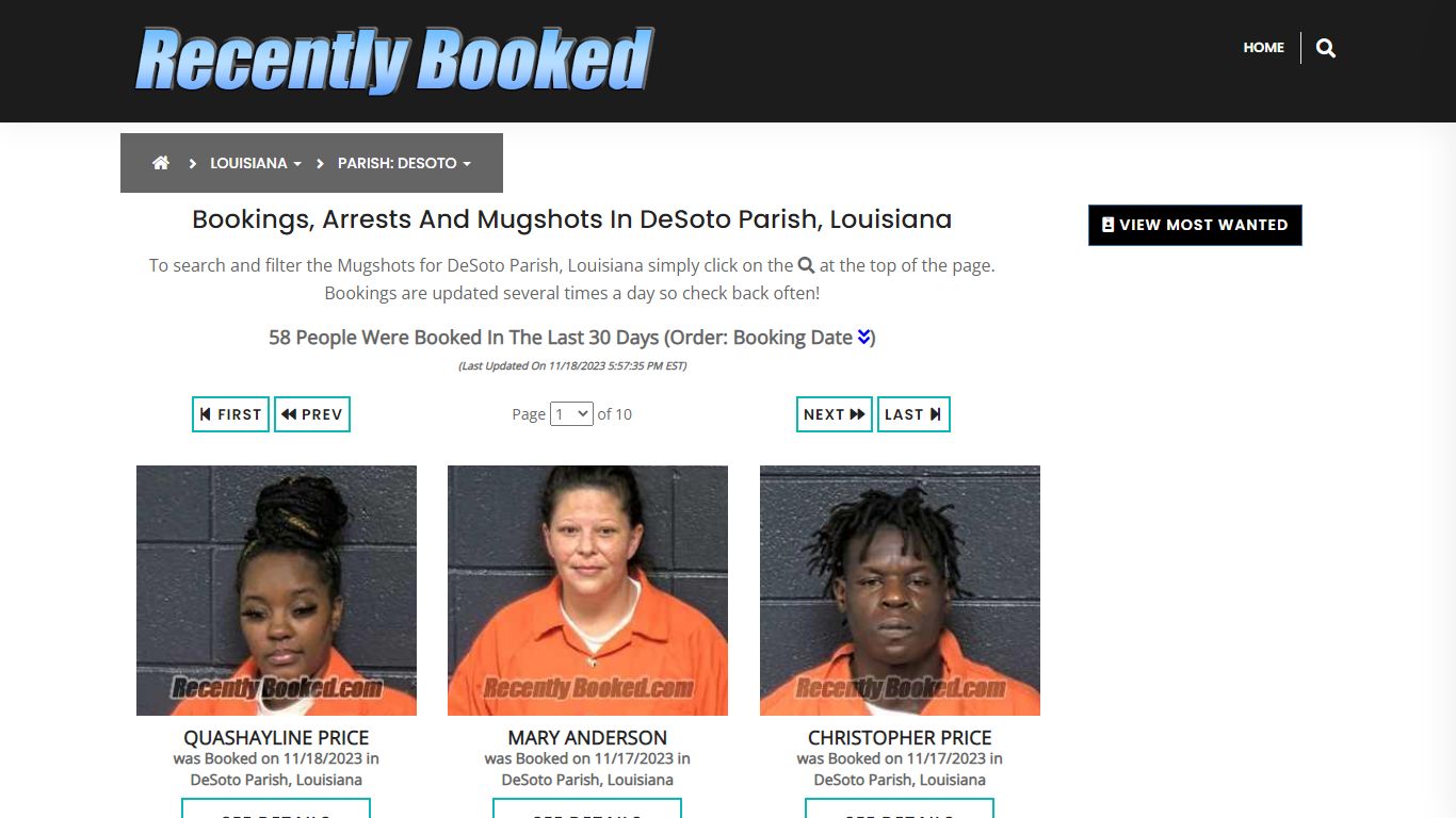 Bookings, Arrests and Mugshots in DeSoto Parish, Louisiana