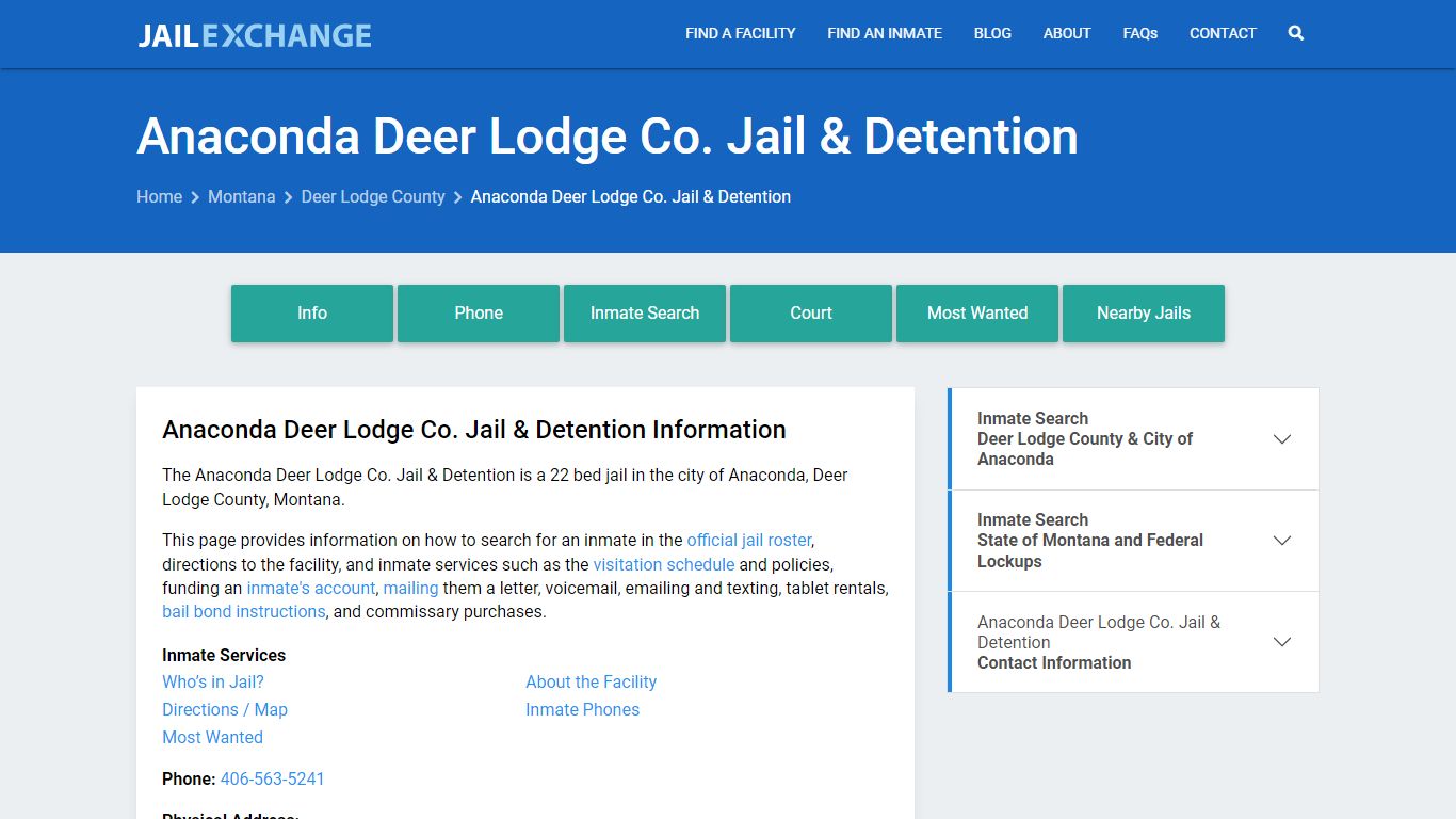 Anaconda Deer Lodge Co. Jail & Detention, MT Inmate Search, Information