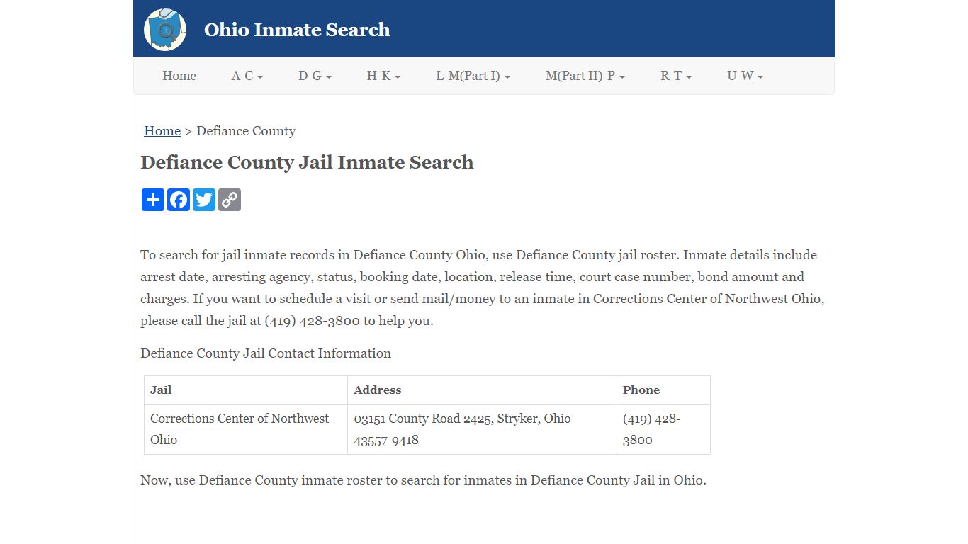 Defiance County Jail Inmate Search