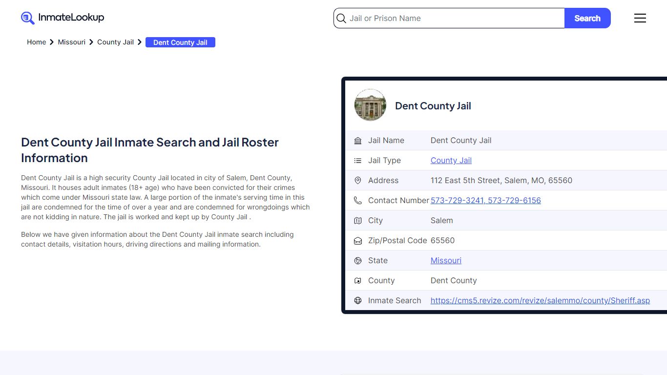 Dent County Jail Inmate Search - Salem Missouri - Inmate Lookup