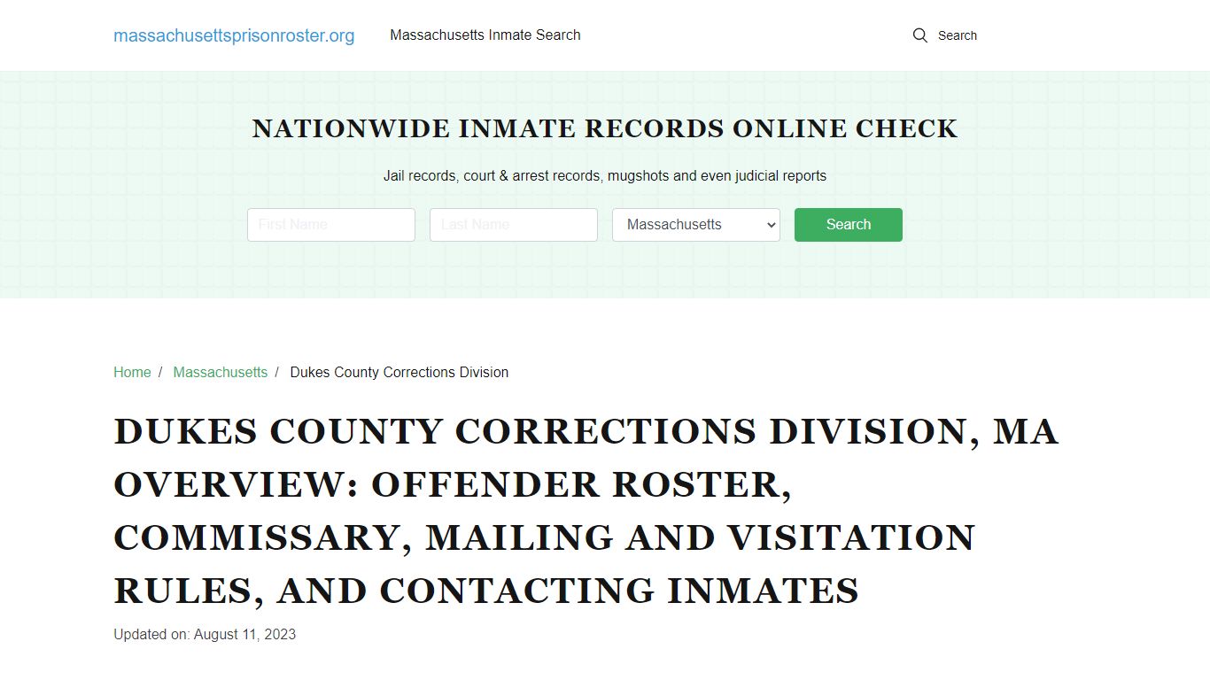 Dukes County Corrections Division, MA Inmate Search & Visitations