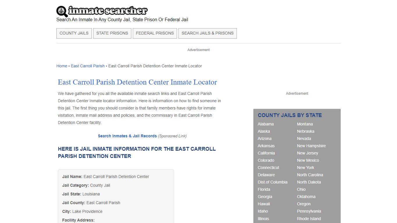 East Carroll Parish Detention Center Inmate Locator - Inmate Searcher