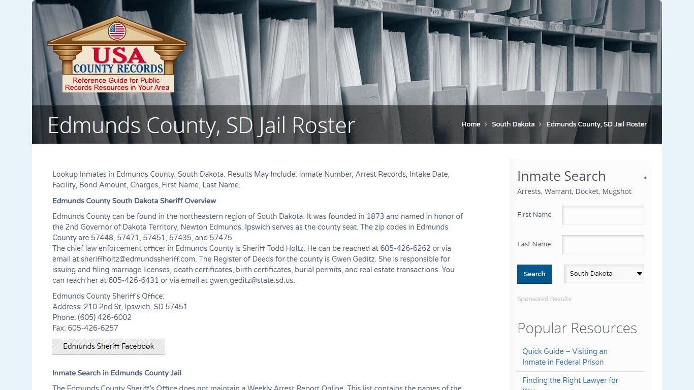 Edmunds County, SD Jail Roster | Name Search