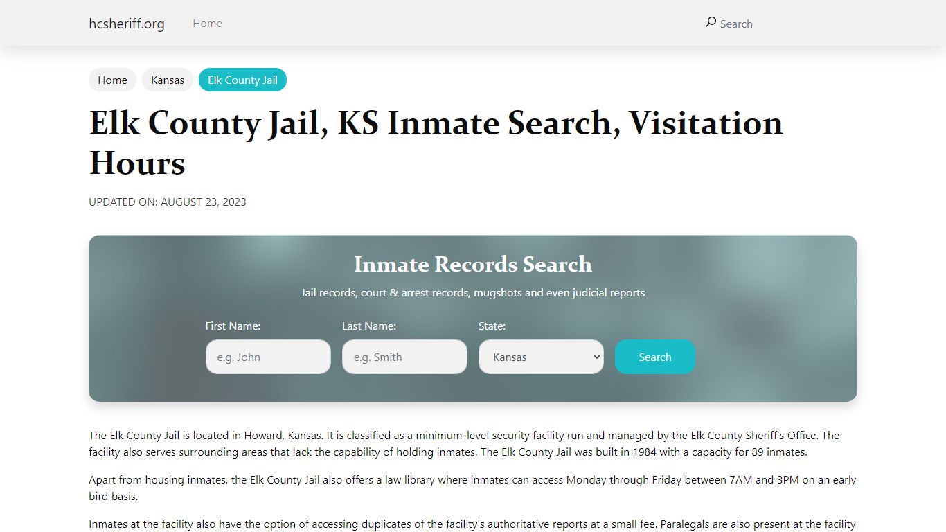 Elk County Jail, KS Inmate Search, Visitation Hours