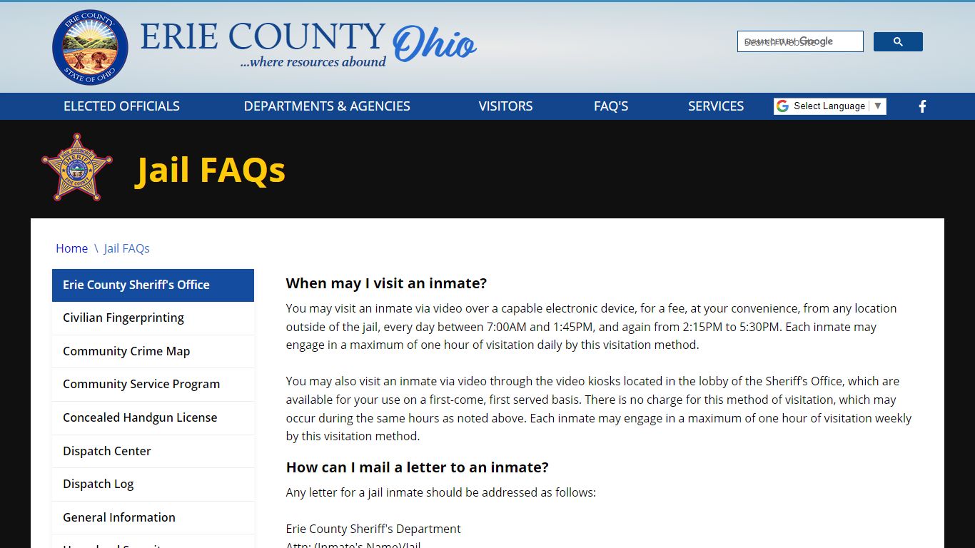 Jail FAQs - Erie County, Ohio