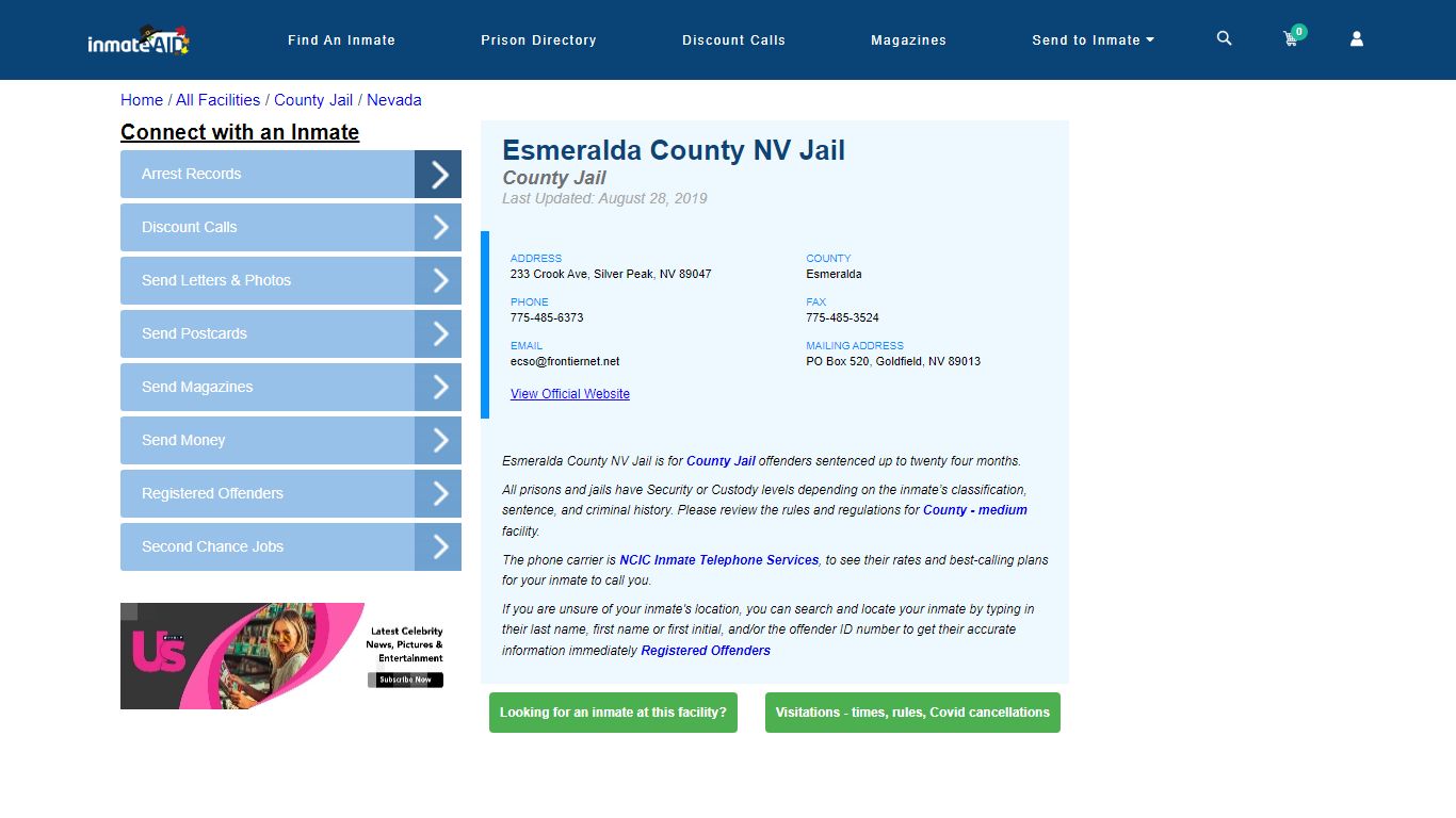 Esmeralda County NV Jail - Inmate Locator - Silver Peak, NV