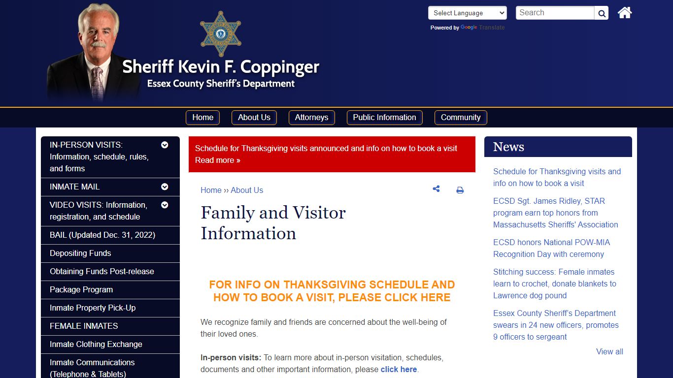 Family and Visitor Information | Essex County Sheriff's Department