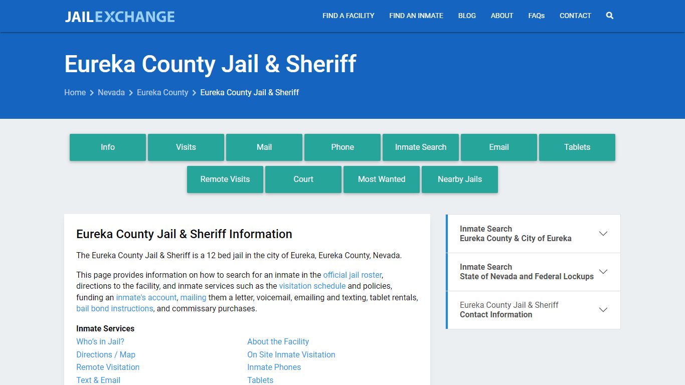 Eureka County Jail & Sheriff, NV Inmate Search, Information