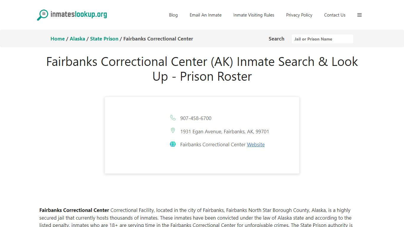 Fairbanks Correctional Center (AK) Inmate Search & Look Up - Inmate Lookup