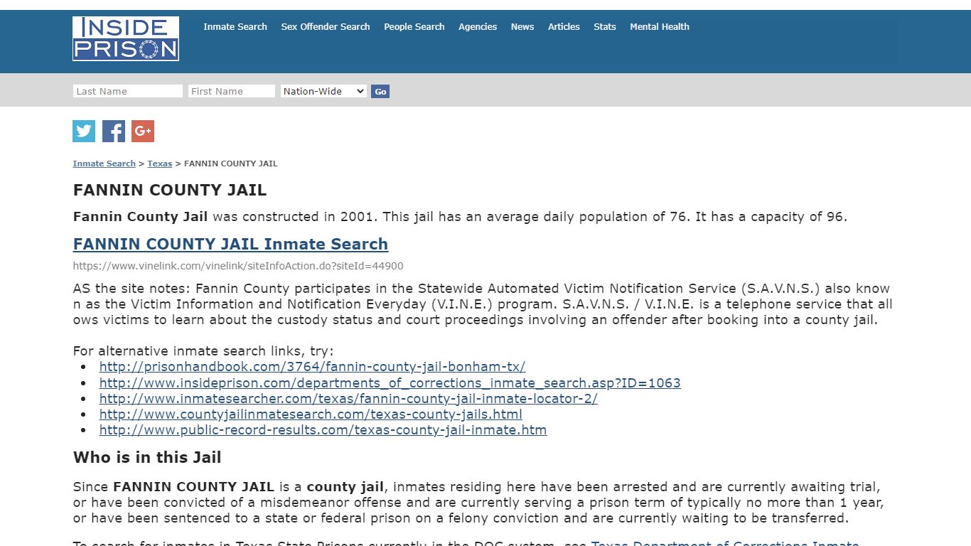 FANNIN COUNTY JAIL - Texas - Inmate Search - Inside Prison