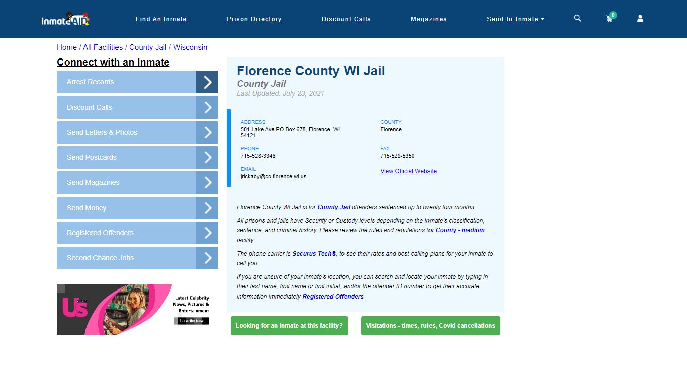 Florence County WI Jail - Inmate Locator - Florence, WI