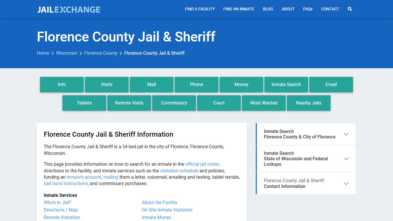 Florence County Jail & Sheriff, WI Inmate Search, Information
