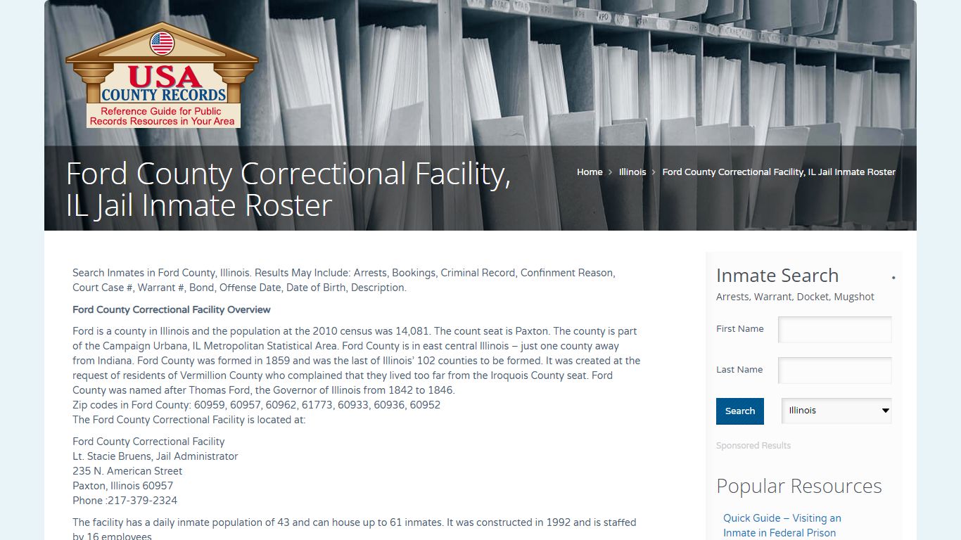 Ford County Correctional Facility, IL Jail Inmate Roster