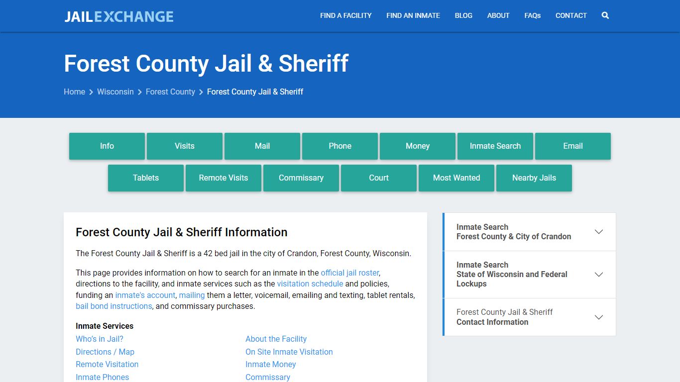 Forest County Jail & Sheriff, WI Inmate Search, Information