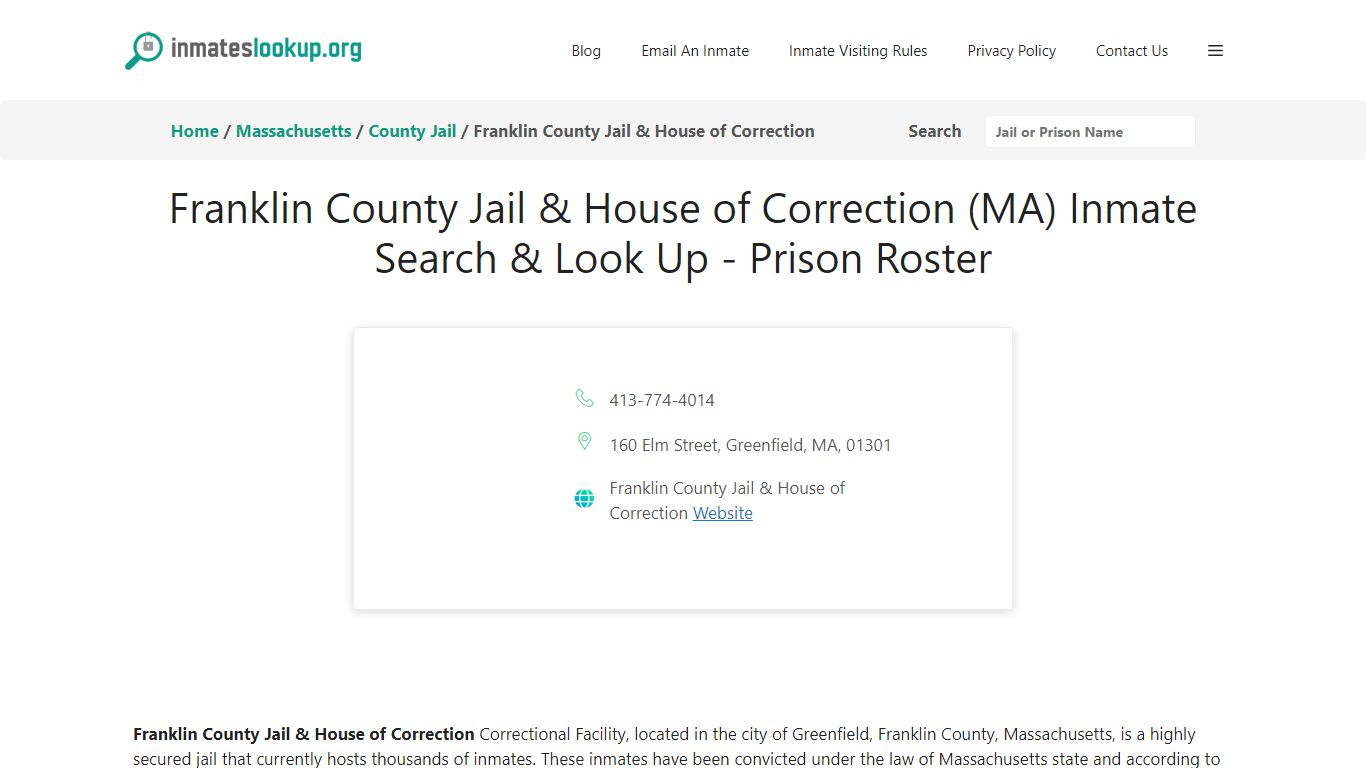 Franklin County Jail & House of Correction (MA) Inmate Search & Look Up ...