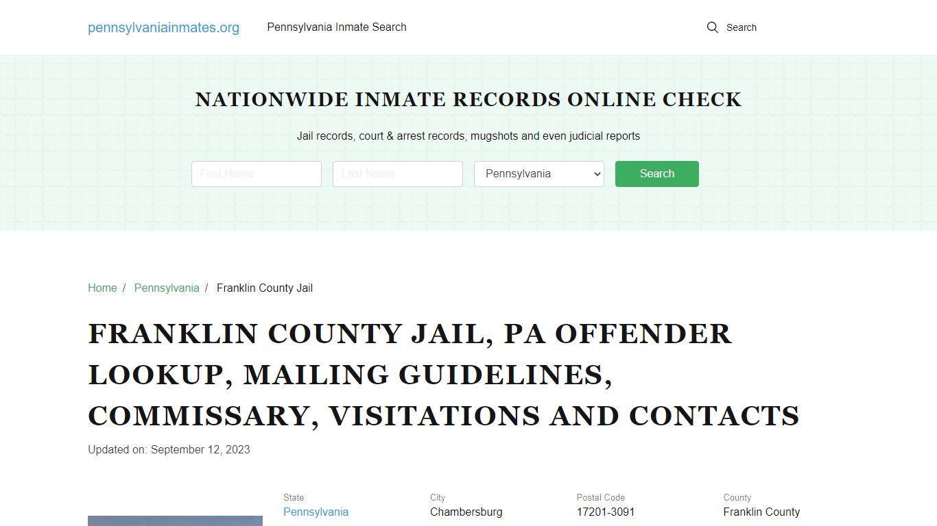 Franklin County Jail, PA: Inmate Search Options, Visitations, Contacts