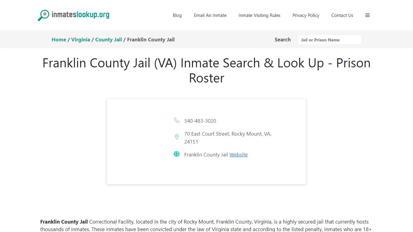 Franklin County Jail (VA) Inmate Search & Look Up - Prison Roster