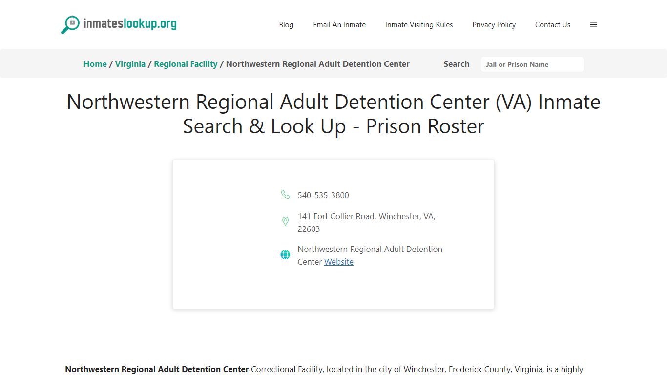 Northwestern Regional Adult Detention Center (VA) Inmate Search & Look ...