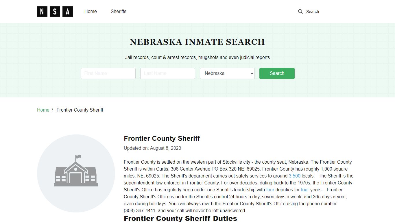 Frontier County Sheriff, Nebraska and County Jail Information