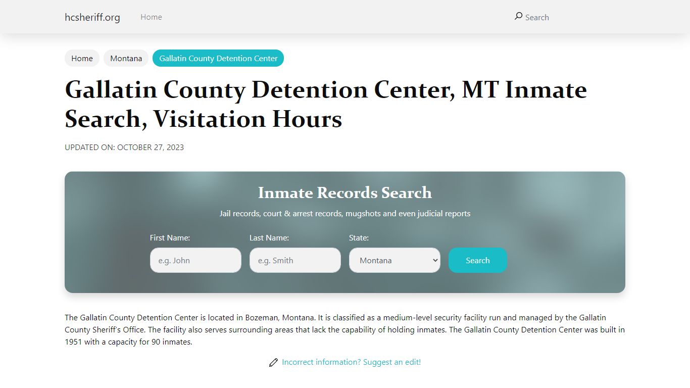 Gallatin County Detention Center, MT Inmate Search, Visitation Hours