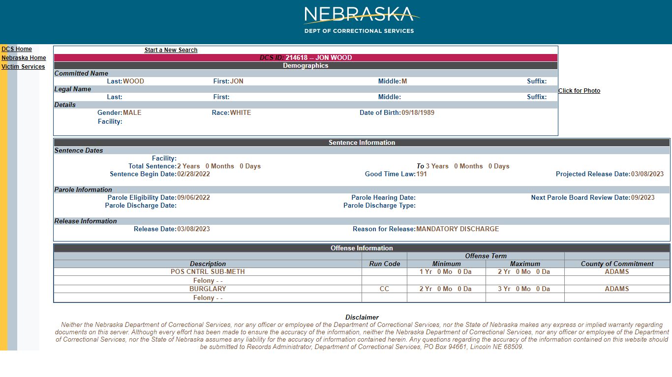 Nebraska Inmate Details