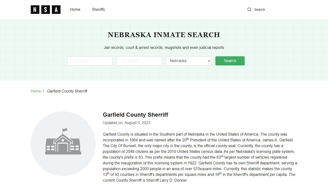Garfield County Sherriff, Nebraska and County Jail Information