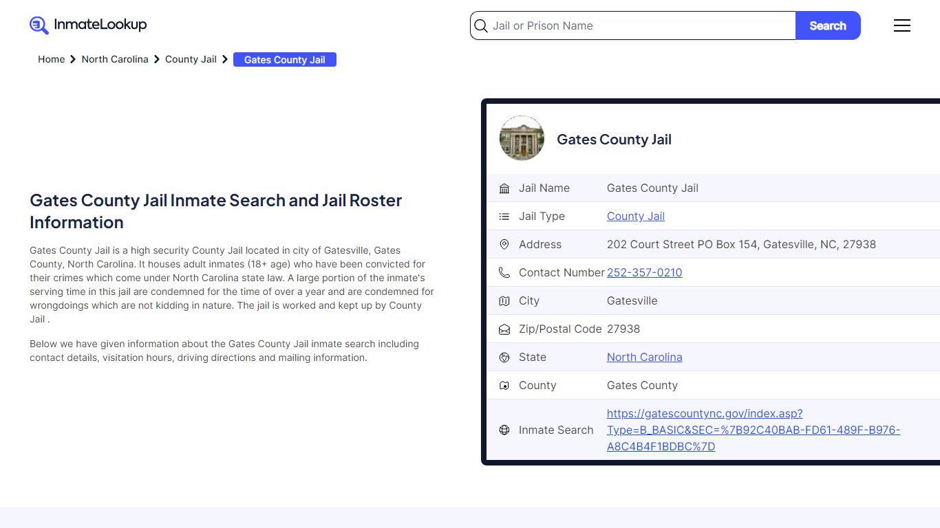 Gates County Jail Inmate Search - Gatesville North Carolina - Inmate Lookup
