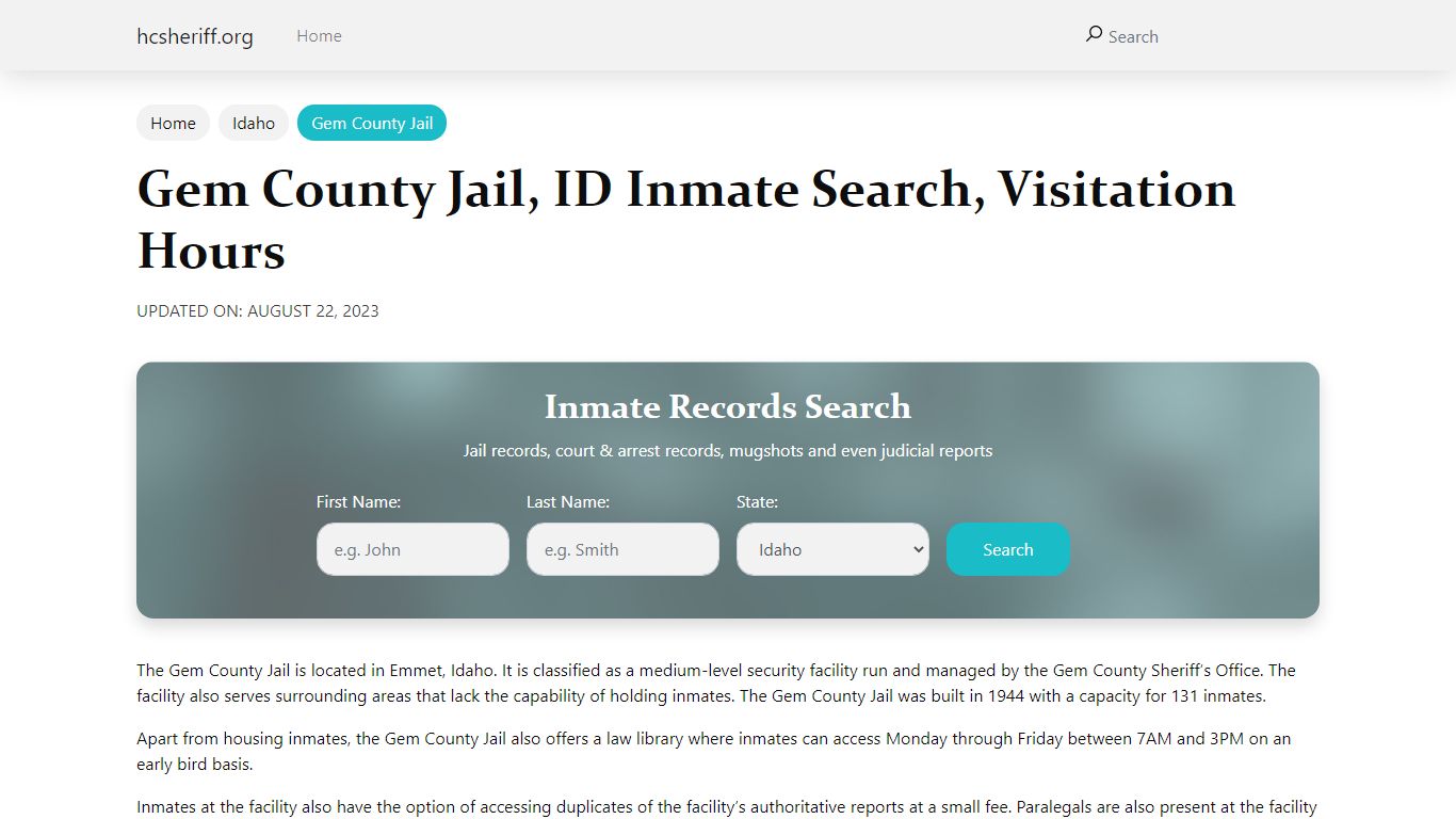 Gem County Jail, ID Inmate Search, Visitation Hours
