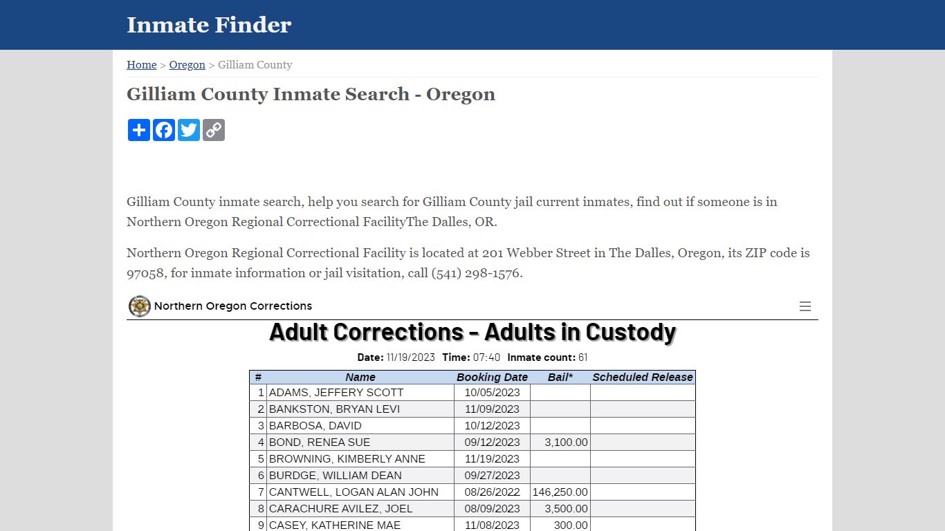 Gilliam County Inmate Search - Oregon