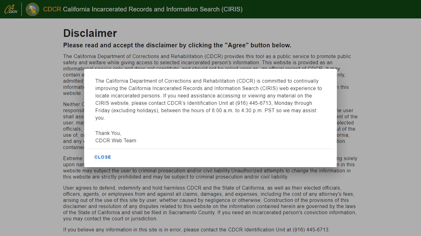 California - CDCR Public Inmate Locator Disclaimer