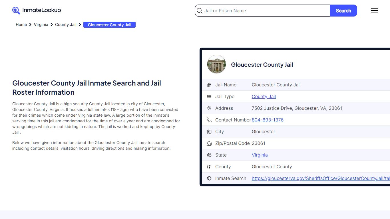 Gloucester County Jail Inmate Search - Gloucester Virginia - Inmate Lookup