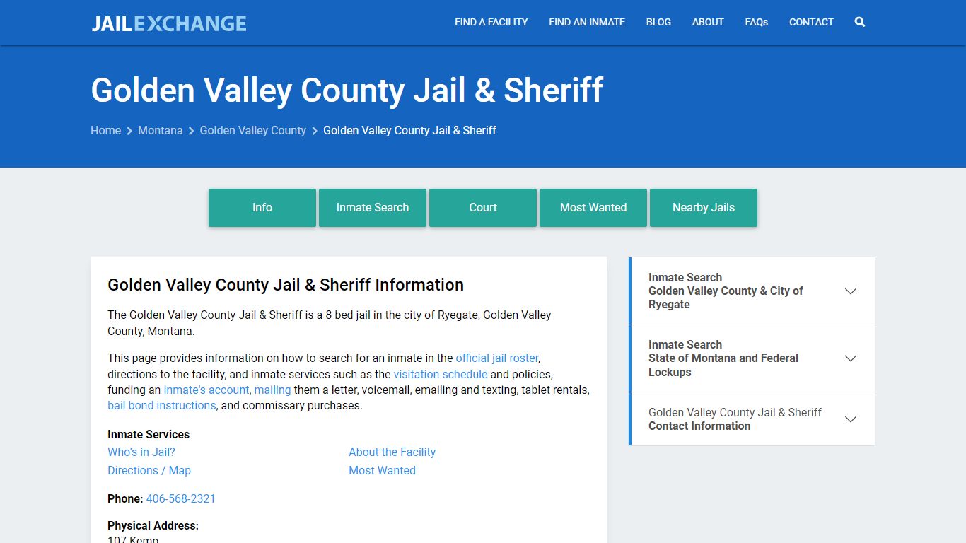 Golden Valley County Jail & Sheriff, MT Inmate Search, Information