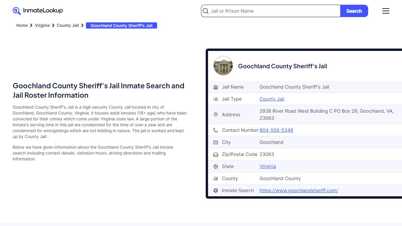 Goochland County Sheriff's Jail (VA) Inmate Search Virginia - Inmate Lookup