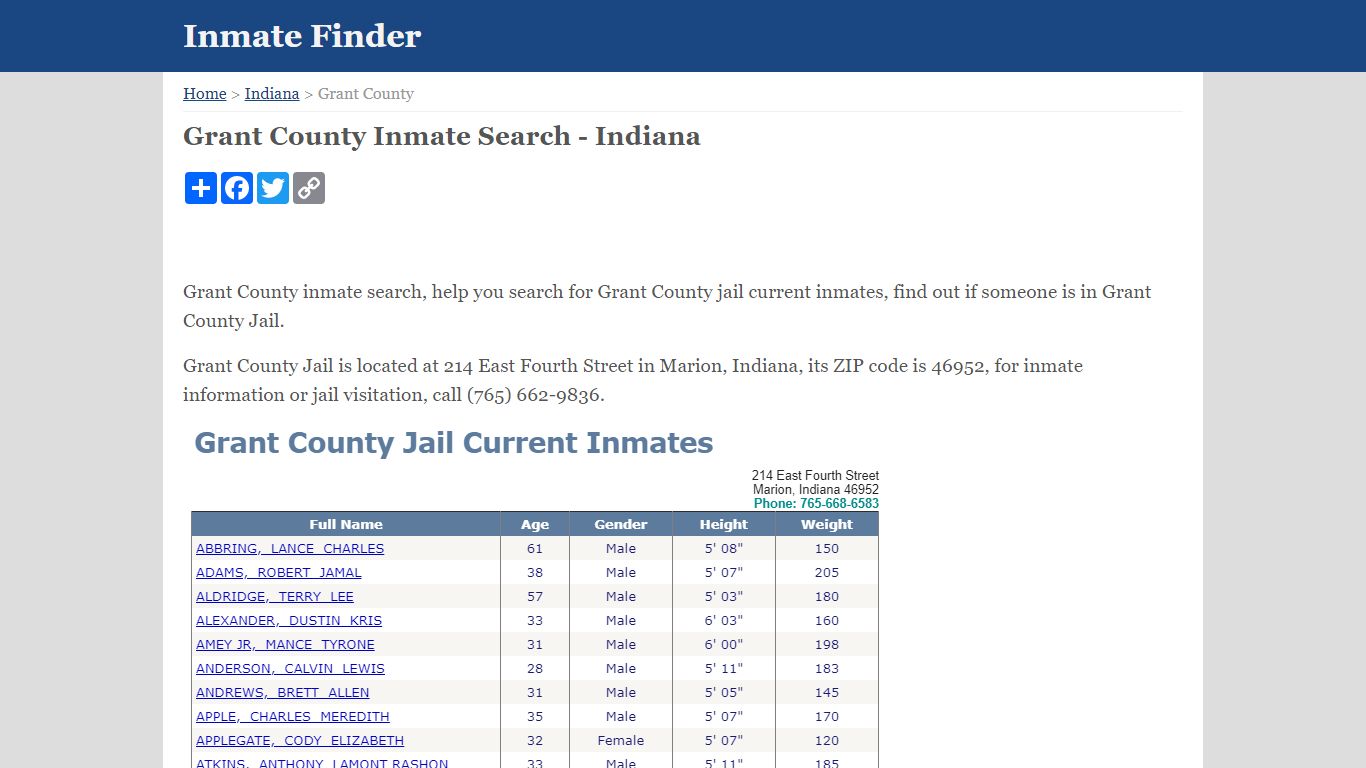 Grant County Inmate Search - Indiana - Inmate Finder