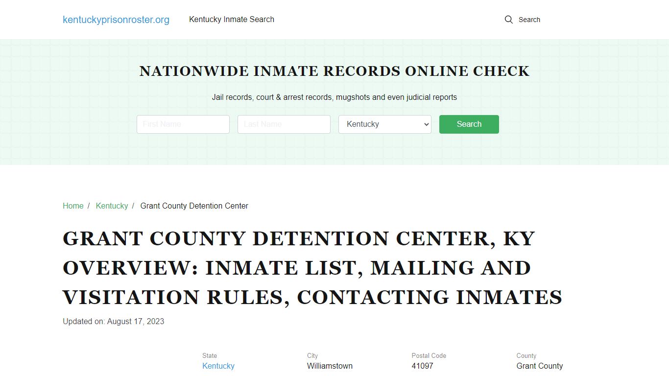 Grant County Detention Center, KY: Offender Search, Visitation ...