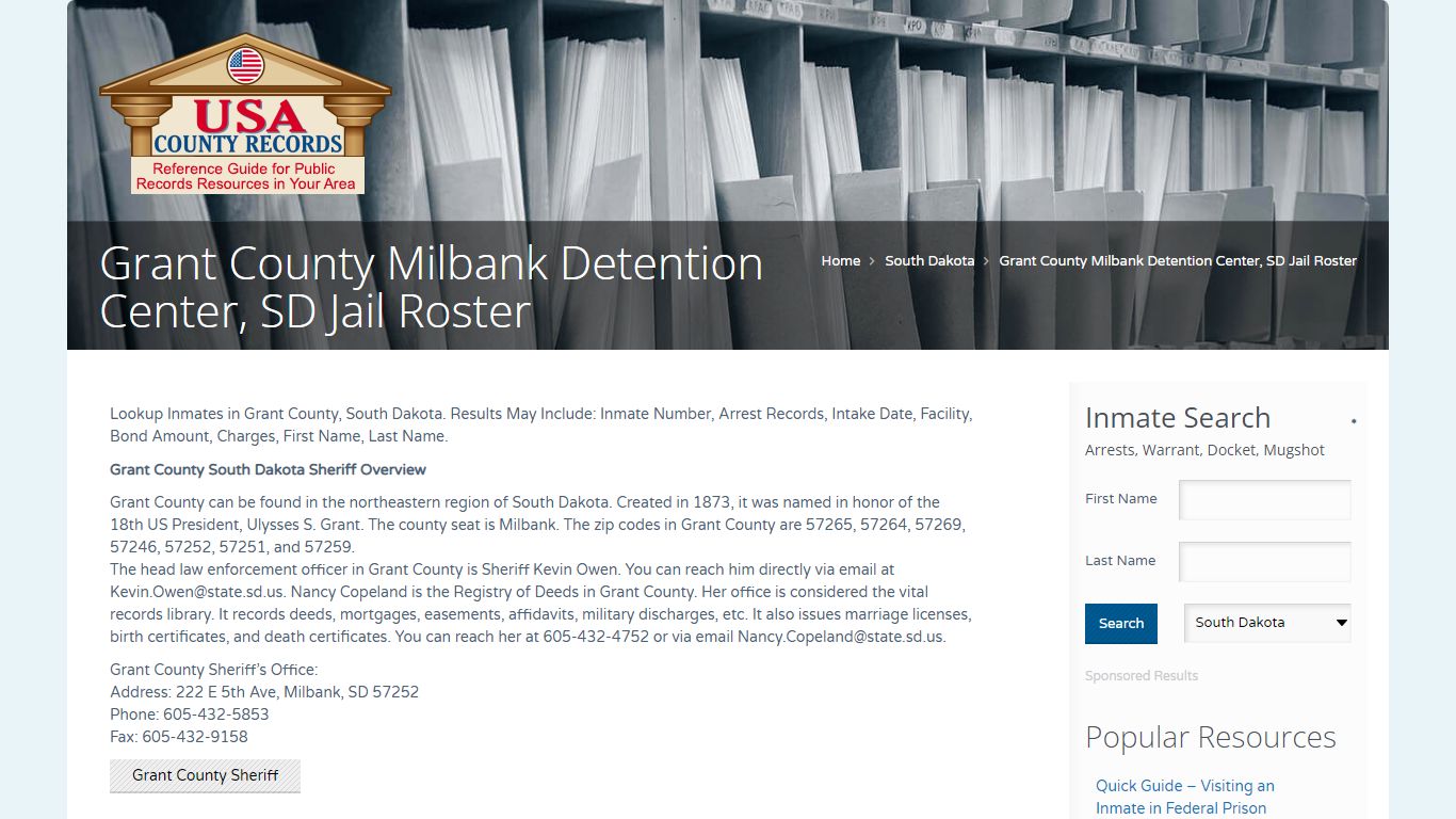 Grant County Milbank Detention Center, SD Jail Roster