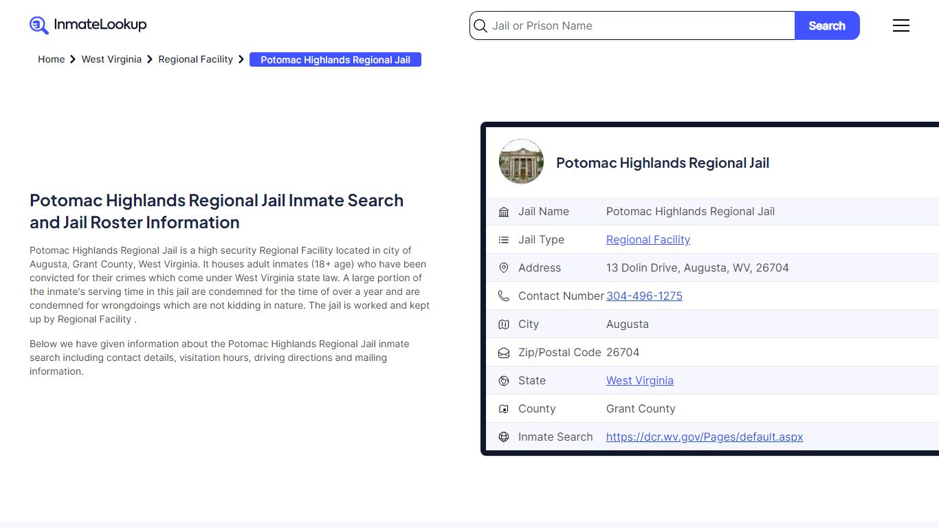 Potomac Highlands Regional Jail Inmate Search - Augusta West Virginia ...