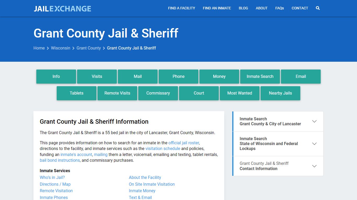 Grant County Jail & Sheriff, WI Inmate Search, Information