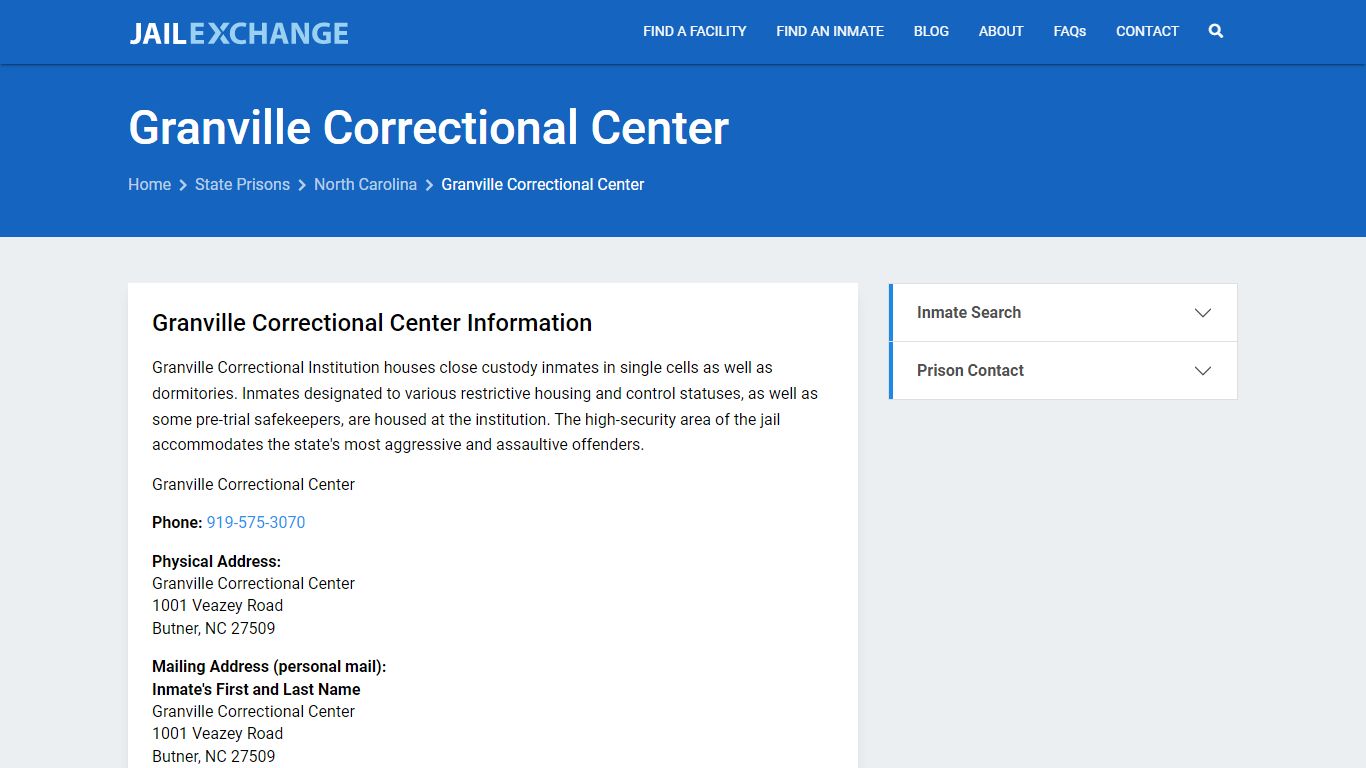 Granville Correctional Center Inmate Search, NC - Jail Exchange