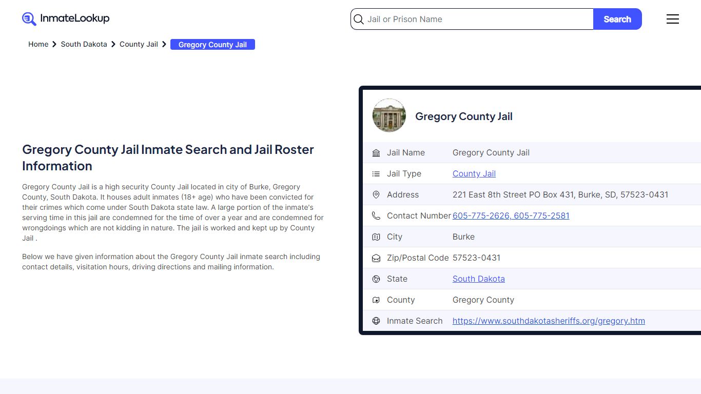Gregory County Jail (SD) Inmate Search South Dakota - Inmate Lookup