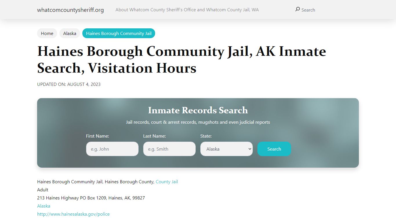 Haines Borough Community Jail, AK Inmate Search, Visitation Hours