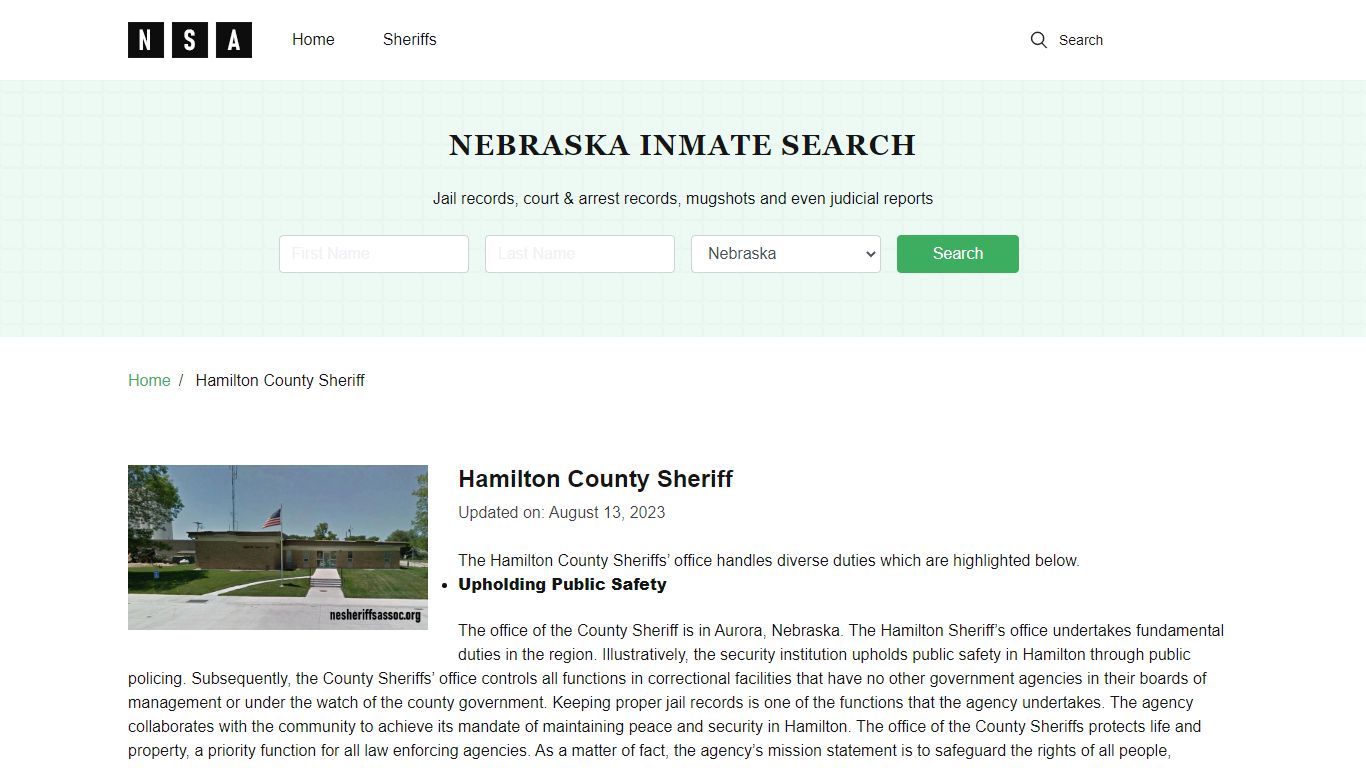 Hamilton County Sheriff, Nebraska and County Jail Information