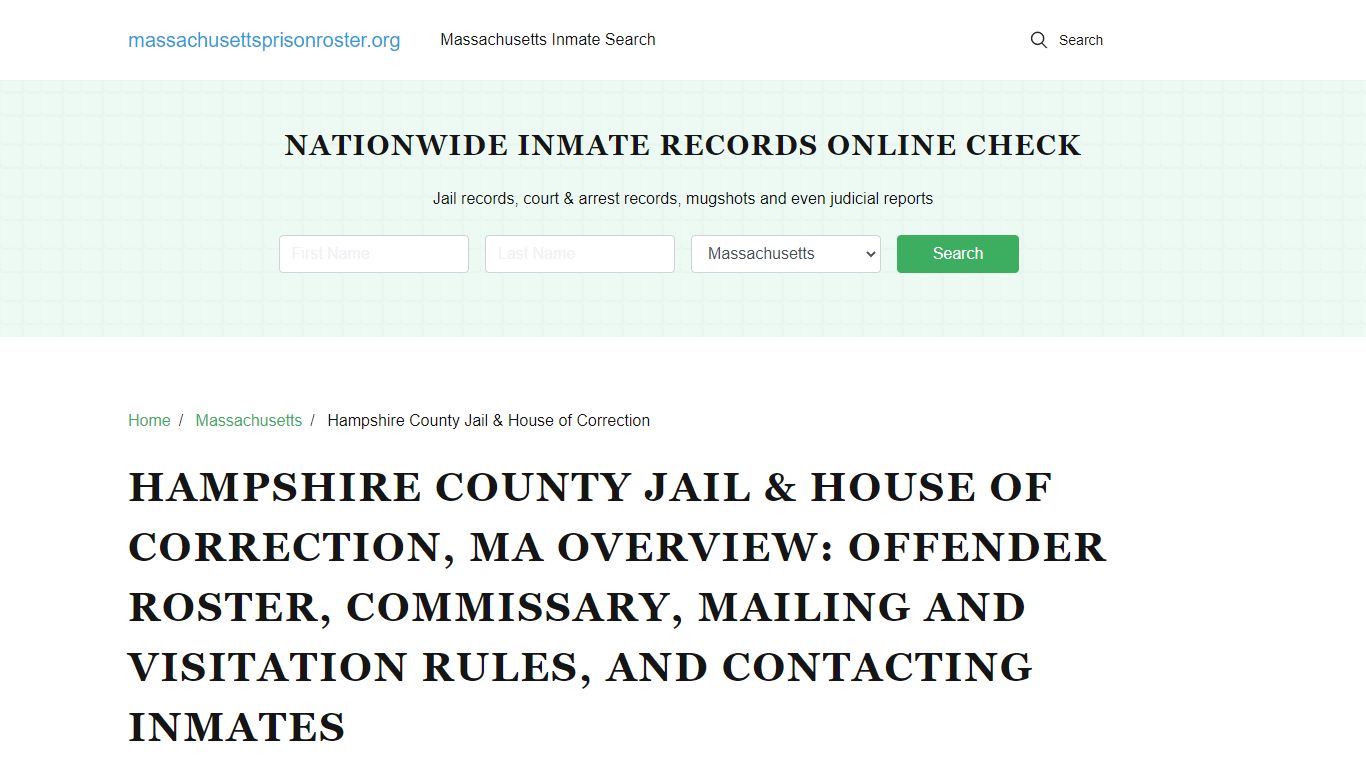 Hampshire County Jail & House of Correction, MA Inmate Search & Visitations